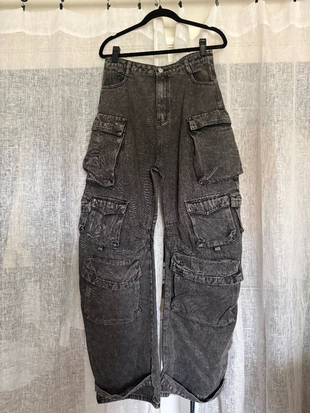 Nia Washed Charcoal Multi-Pocket Wide Leg Cargo Jeans - L